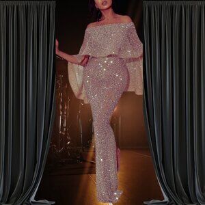 Light Pink Off The Shoulder Glitter Sparkle Dress